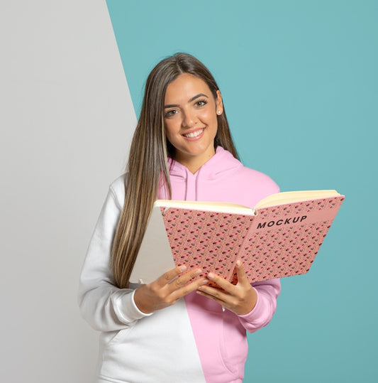 Free Front View Of Smiley Woman Holding Book Psd