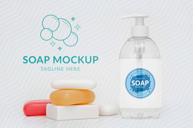 Free Front View Of Soap Bars And Bottle Of Liquid Soap Psd