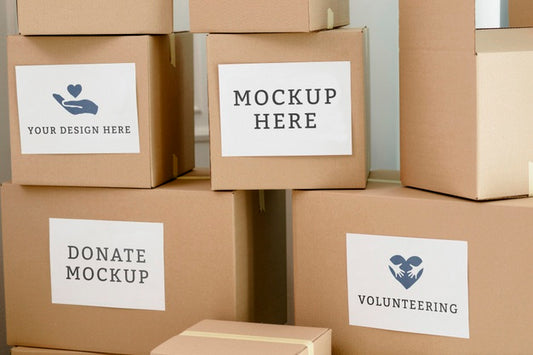 Free Front View Of Stack Of Cardboard Boxes With Donations Psd