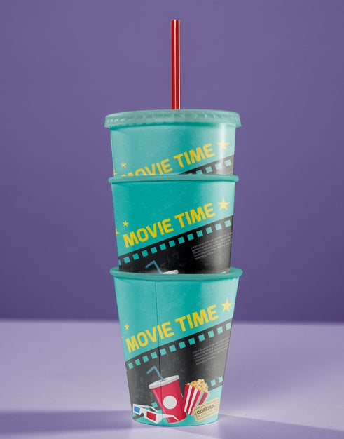 Free Front View Of Stacked Cinema Cups With Straw Psd