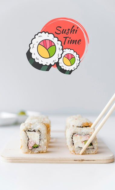 Free Front View Of Sushi On Chopper With Chopsticks Psd