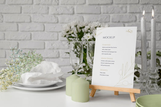 Free Front View Of Table Arrangement With Spring Menu Mock-Up And Candles Psd