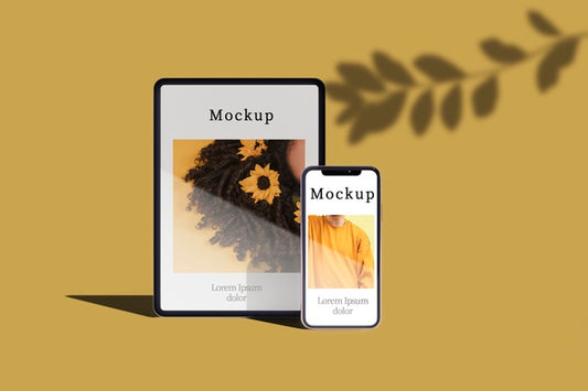 Free Front View Of Tablet And Smartphone With Leaves Shadow Psd