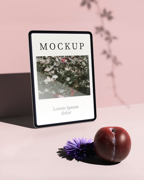 Free Front View Of Tablet With Plum And Flower Psd