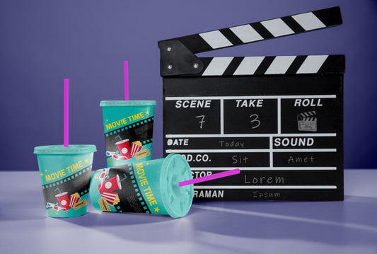 Free Front View Of Three Cinema Cups With Straws And Clapperboard Psd