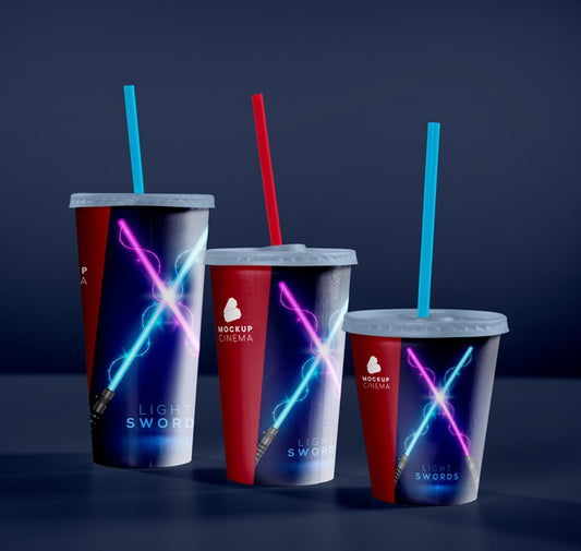 Free Front View Of Three Cinema Cups With Straws Psd