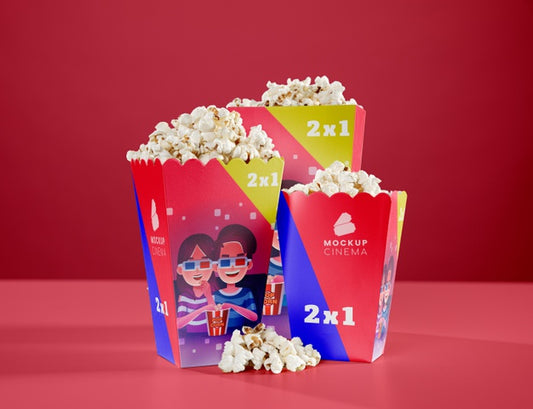 Free Front View Of Three Cups Of Cinema Popcorn Psd