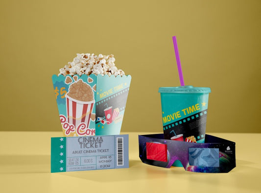 Free Front View Of Threedimensional Glasses With Cinema Popcorn And Cup Psd