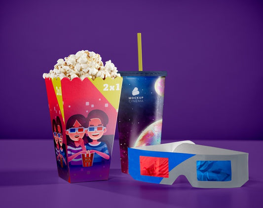 Free Front View Of Threedimensional Glasses With Cinema Popcorn And Cup With Straw Psd