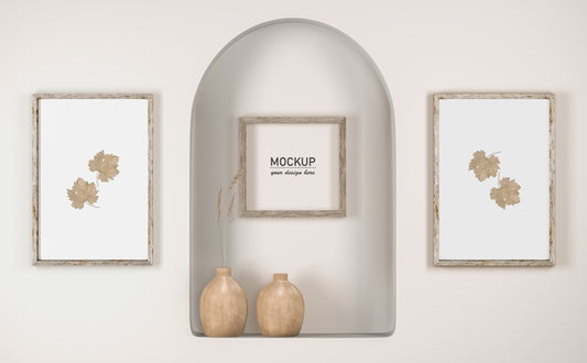 Free Front View Of Wall With Frame Decor And Vases Psd