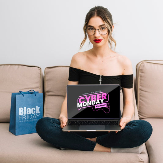 Free Front View Of Woman Holding A Laptop With Cyber Monday Offer Psd