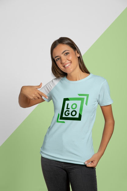 Free Front View Of Woman Pointing At The T-Shirt She'S Wearing Psd