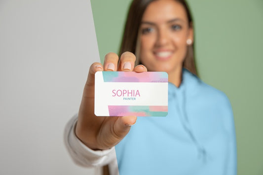 Free Front View Of Woman Showing Business Card Psd