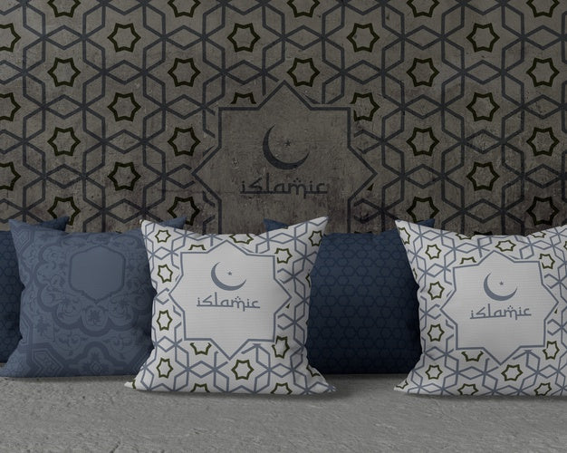 Free Front View Ramadan Arrangement Mock-Up With Pillows Psd