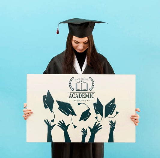 Free Front View Student Holding Mock-Up Sign Psd