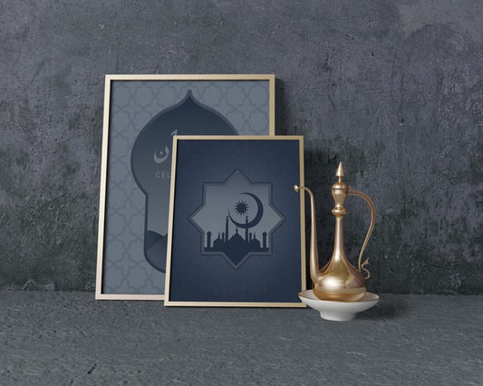 Free Front View Traditional Ramadan Arrangement With Frames Mock-Up Psd