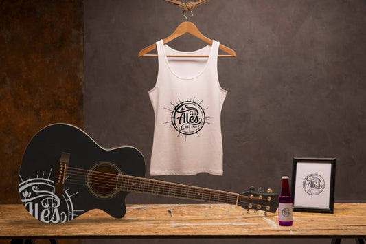 Free Front View White T-Shirt With Guitar And Beer Psd