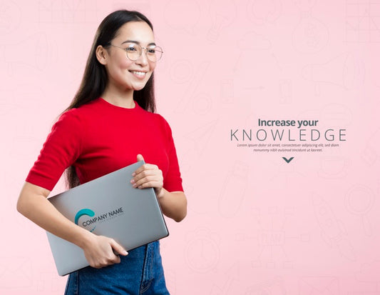 Free Front View Woman Holding A Mock-Up Ad And Laptop Psd