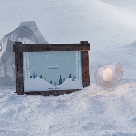 Free Frozen Candle Beside Frame With Winter Theme Psd