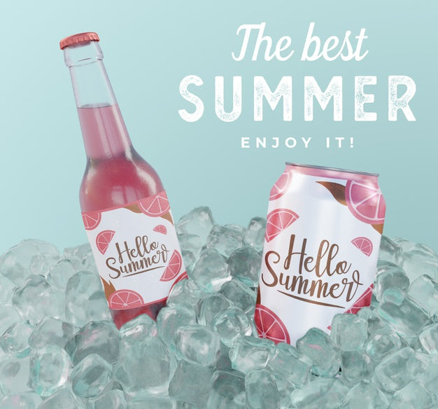 Free Fruit Soda Can And Bottle With Ice Cubes Psd