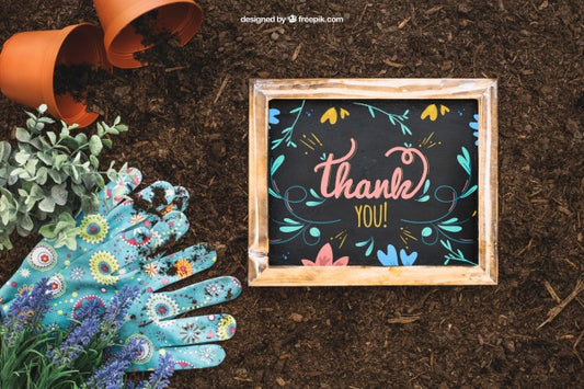 Free Gardening Mockup With Gloves And Pots Psd