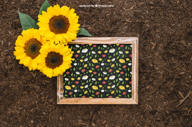 Free Gardening Mockup With Slate And Sunflower Psd