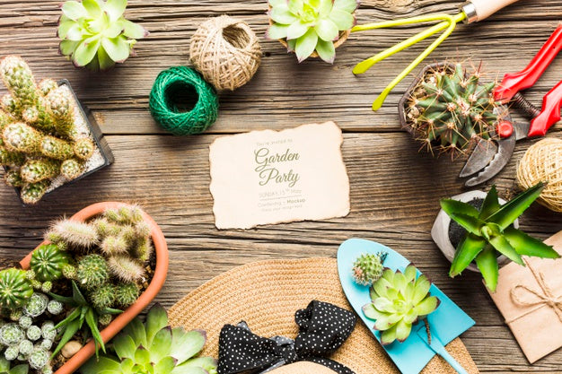 Free Gardening Tools On Wooden Table Top View Psd