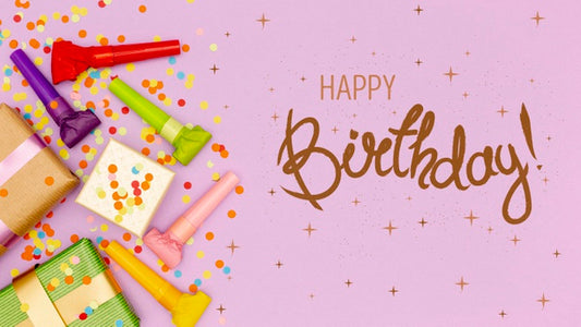Free Gifts And Confetti Beside Happy Birthday Message Psd