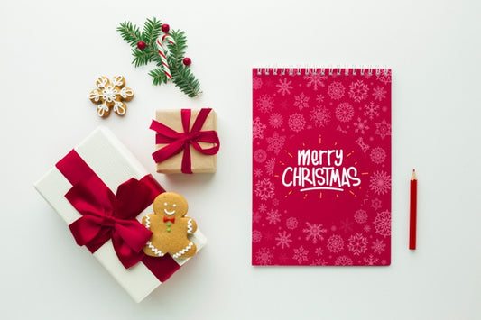 Free Gifts With Notepad And Festive Christmas Decorations Psd