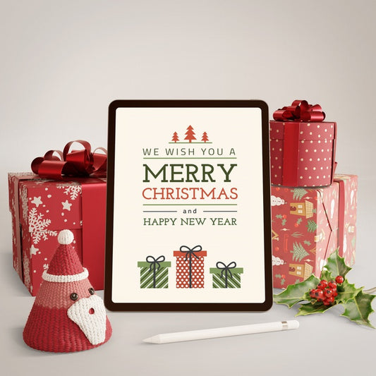 Free Gifts Wrapped And Tablet With Christmas Theme Psd