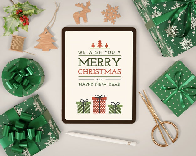 Free Gifts Wrapped Beside Tablet Mock-Up Psd