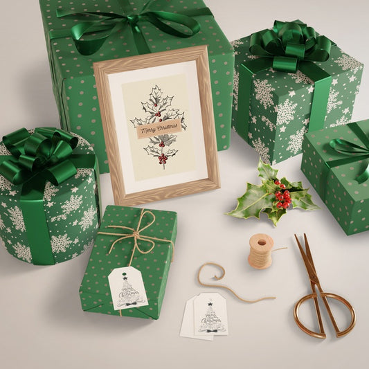 Free Gifts Wrapped In Green Paper On Table Psd
