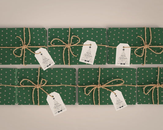 Free Gifts Wrapped In Green Paper With Tags Psd