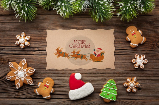 Free Gingerbread Flat Lay And Christmas Pine Leaves Psd