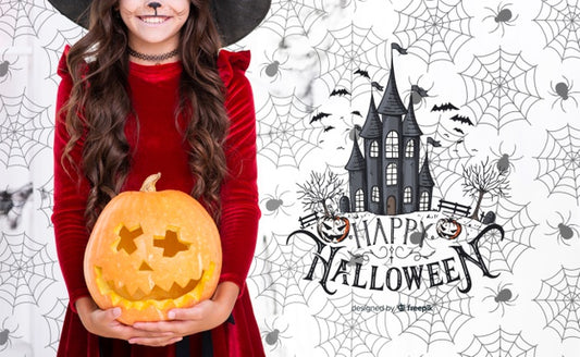Free Girl Holding A Carved Pumpkin For Halloween Party Psd