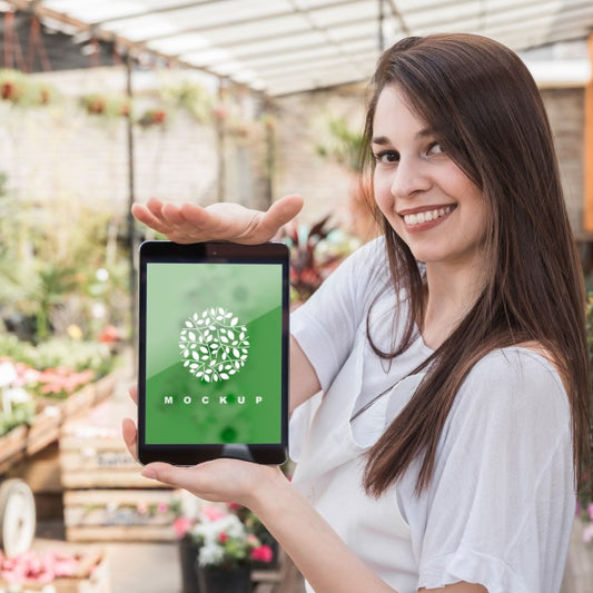 Free Girl Holding Tablet Mockup With Gardening Concept Psd