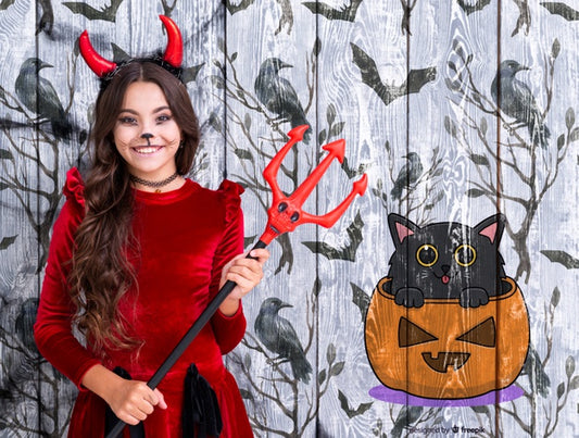 Free Girl Holding The Devil Trident Nearby An Animated Pumpkin And Cat Psd