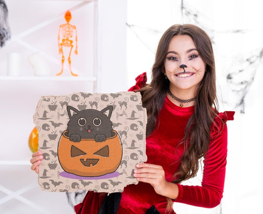 Free Girl Showing Card With Carved Pumpkin And Cat Psd
