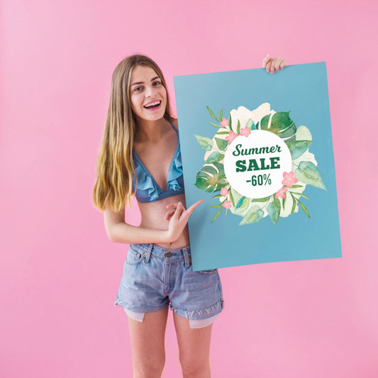 Free Girl Showing Summer Sale Poster Psd