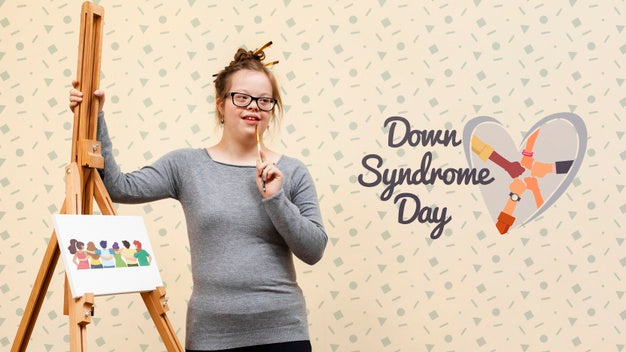 Free Girl With Down Syndrome Posing With Canvas Mock-Up Psd