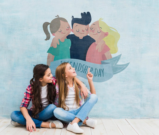 Free Girls In Front Of A Wall With A Cartoon Mock-Up Psd