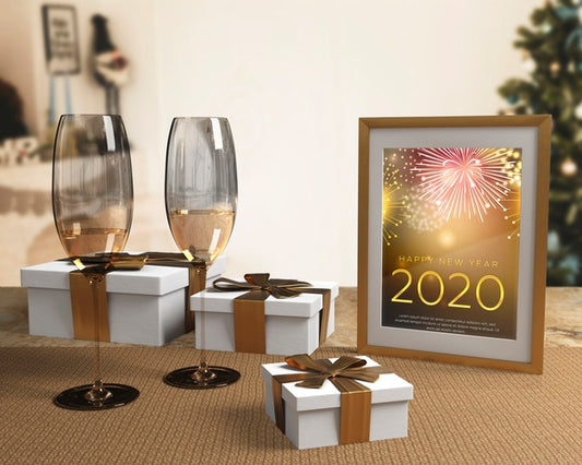 Free Glasses With Champagne Prepared For New Year Night Psd