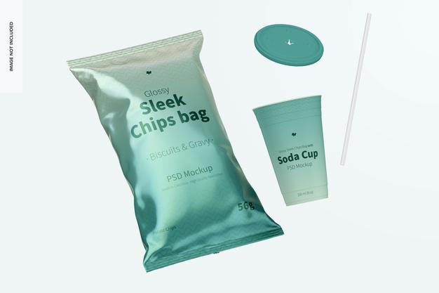 Free Glossy Sleek Chips Bags Mockup, Falling Psd