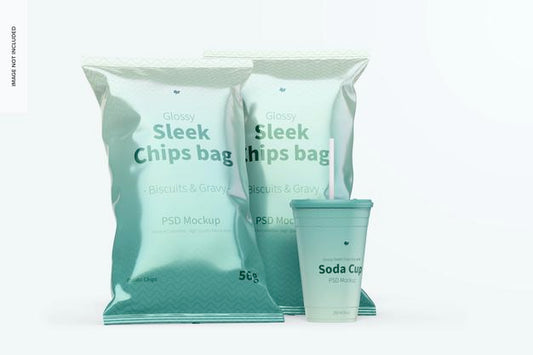 Free Glossy Sleek Chips Bags Mockup With Soda Cup Psd