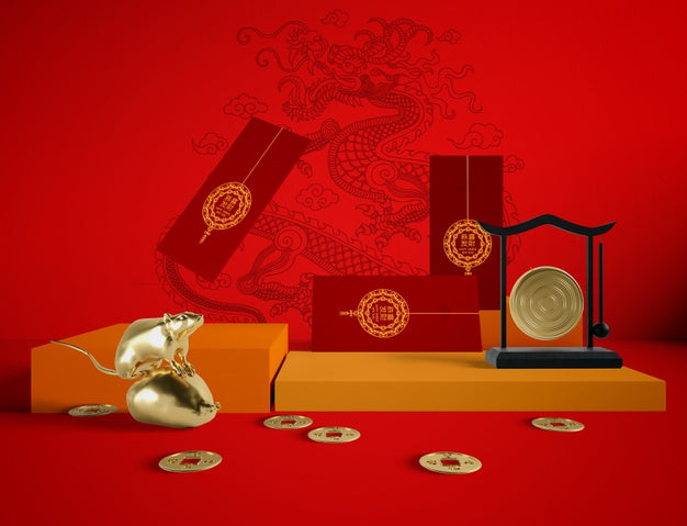 Free Golden Rat And New Year Greeting Cards On Red Background Psd