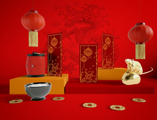 Free Golden Rat Bowl Of Rice And Chinese Traditional Objects Psd