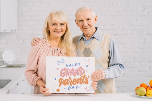 Free Grandparents Holding Placard Mockup Psd