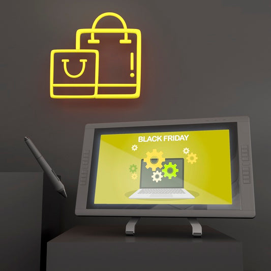 Free Graphic Tablet Mock-Up With Pen And Yellow Neon Lights Psd