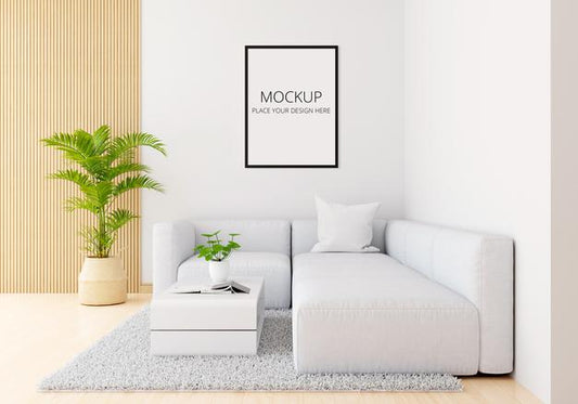 Free Gray Sofa In White Living Room With Frame Mockup Psd