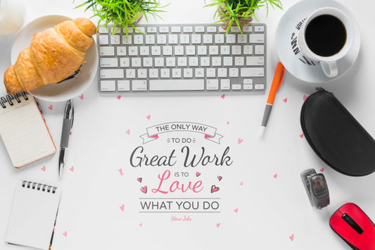 Free Great Work Motivational Message With Office Stuff Frame Psd